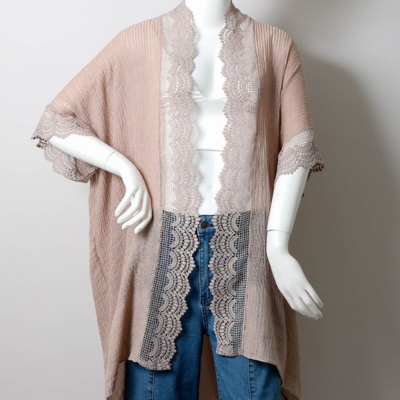 STELLA Scallop Lace Trim Kimono in Mocha - Picture 4 of 5